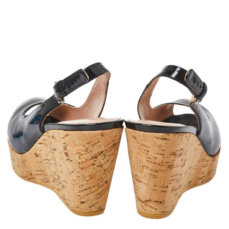Pre Owned Stuart Weitzman Black Patent Leather Cork Wedge Peep Toe Platform Slingback Sandals Size 39.5 