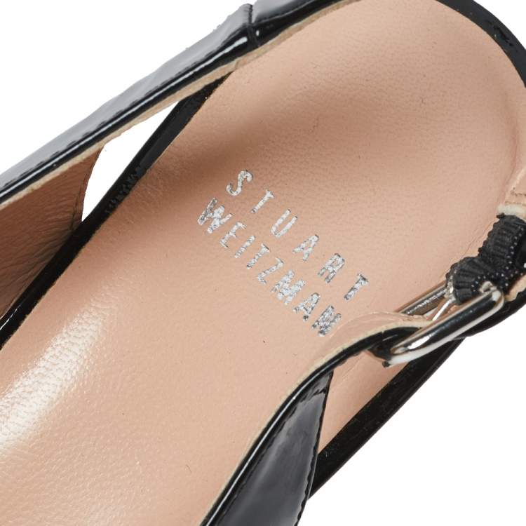 Pre Owned Stuart Weitzman Black Patent Leather Cork Wedge Peep Toe Platform Slingback Sandals Size 39.5 