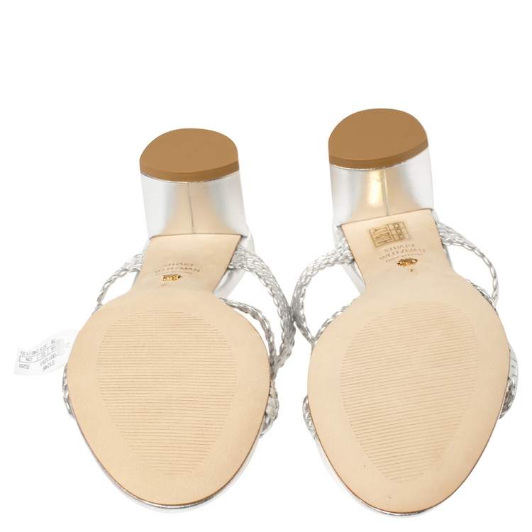 مملوكة مسبقًا Stuart Weitzman Silver Leather The Sarita Sandals Size 37.5