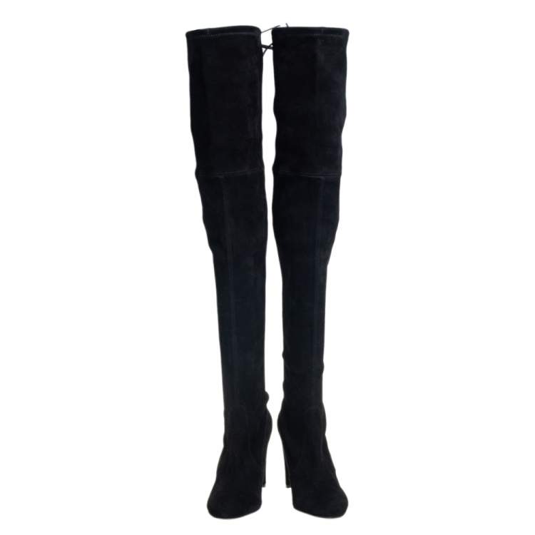 Pre Owned Stuart Weitzman Black Suede Leather Highland Over The Knee Boots Size 39.5