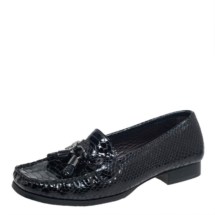 Pre Owned Stuart Weitzman Black Python Embossed Leather Tassel Loafers Size 37