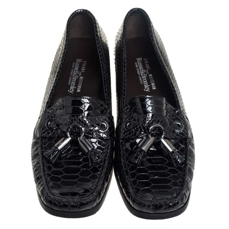 Pre Owned Stuart Weitzman Black Python Embossed Leather Tassel Loafers Size 37