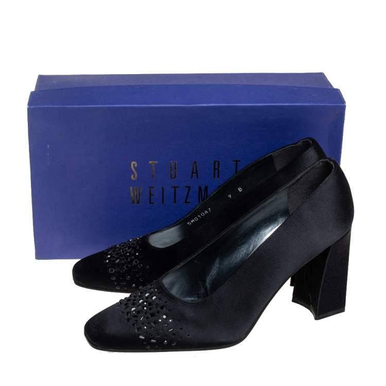 Pre Owned Stuart Weitzman Black Satin Embellished Pumps Size 39.5