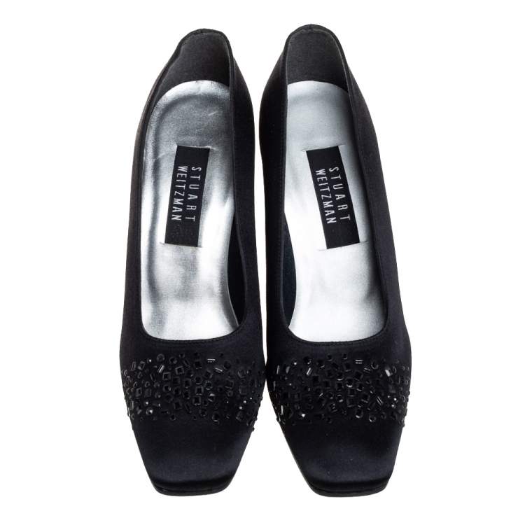 Pre Owned Stuart Weitzman Black Satin Embellished Pumps Size 39.5