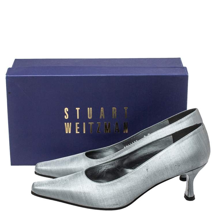 Pre Owned Stuart Weitzman Metallic Silver Fabric Pumps Size 39.5