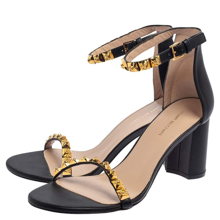 Pre Owned Stuart Weitzman Black Leather Embellished Ankle Strap Sandals Size 39.5