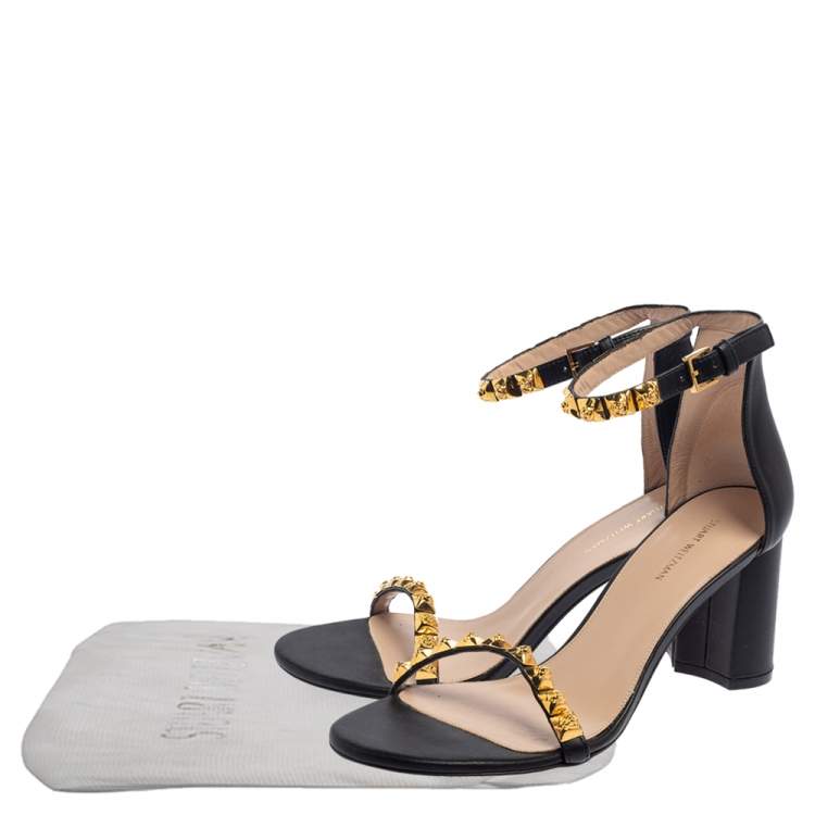 Pre Owned Stuart Weitzman Black Leather Embellished Ankle Strap Sandals Size 39.5