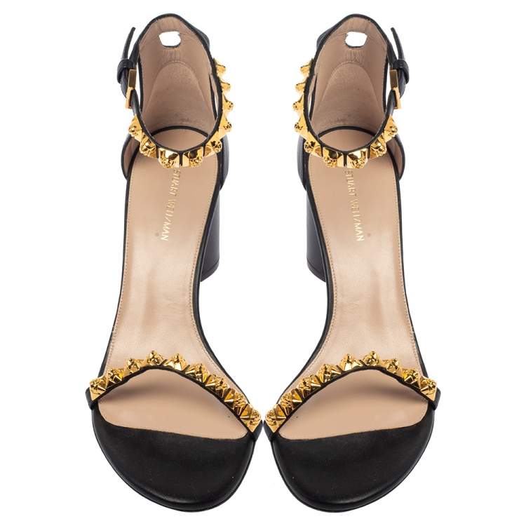 Pre Owned Stuart Weitzman Black Leather Embellished Ankle Strap Sandals Size 39.5