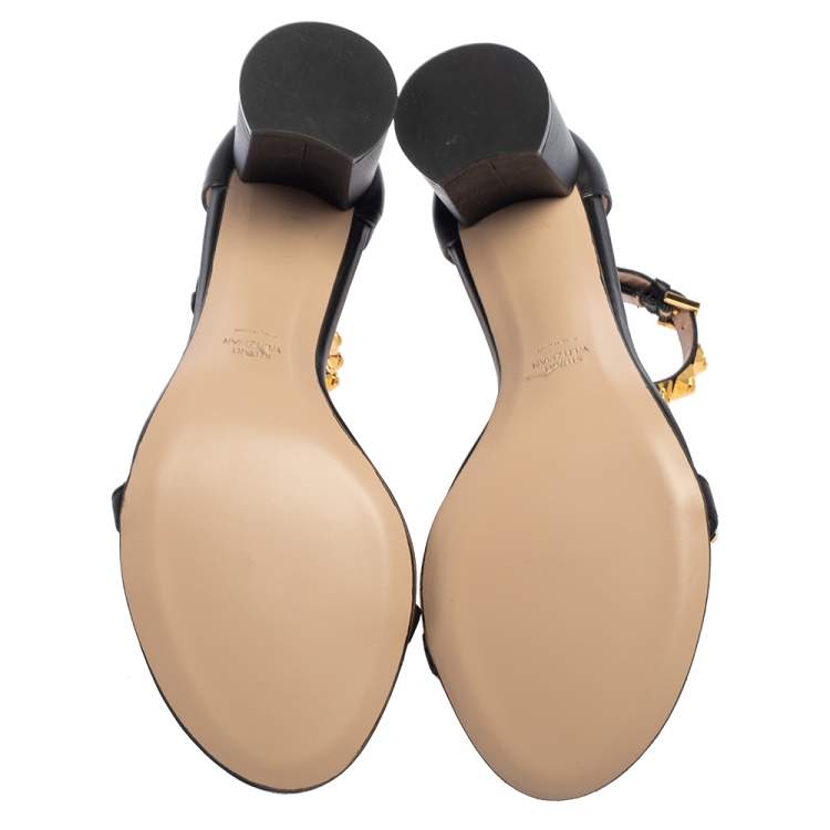 Pre Owned Stuart Weitzman Black Leather Embellished Ankle Strap Sandals Size 39.5