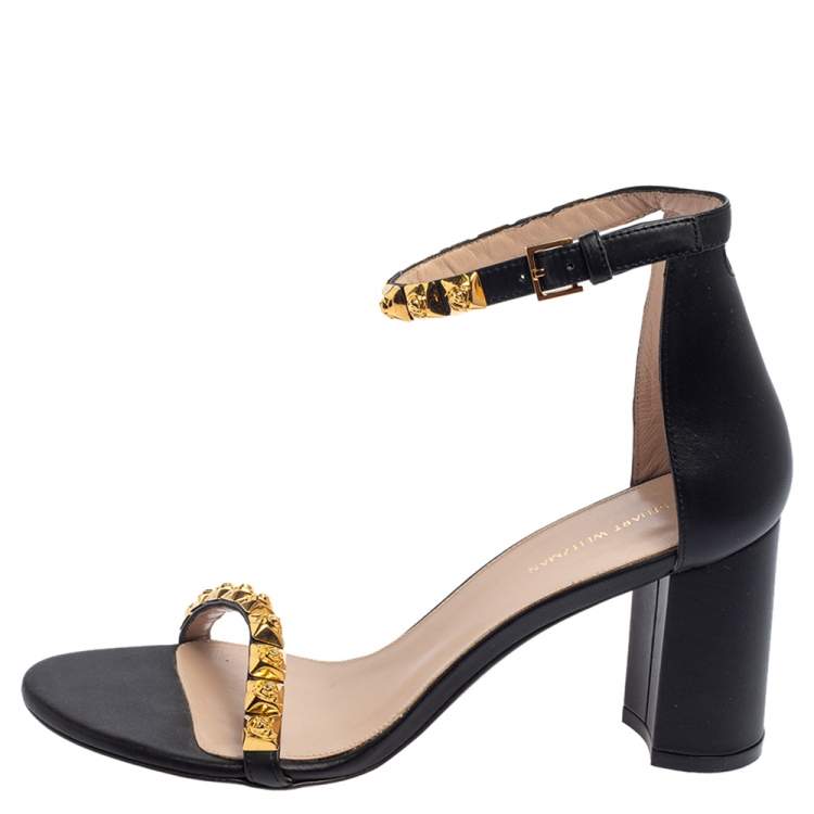 Pre Owned Stuart Weitzman Black Leather Embellished Ankle Strap Sandals Size 39.5