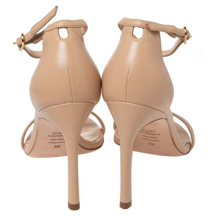 Pre Owned Stuart Weitzman Beige Leather Ankle Strap Open Toe Sandals Size 35