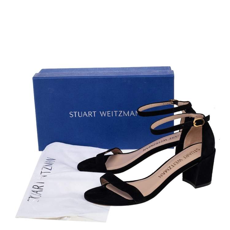 Pre Owned Stuart Weitzman Black Suede Block Heel Ankle Strap Sandals Size 38.5