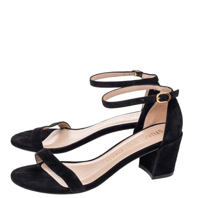Pre Owned Stuart Weitzman Black Suede Block Heel Ankle Strap Sandals Size 38.5