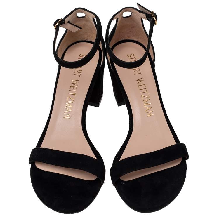 Pre Owned Stuart Weitzman Black Suede Block Heel Ankle Strap Sandals Size 38.5