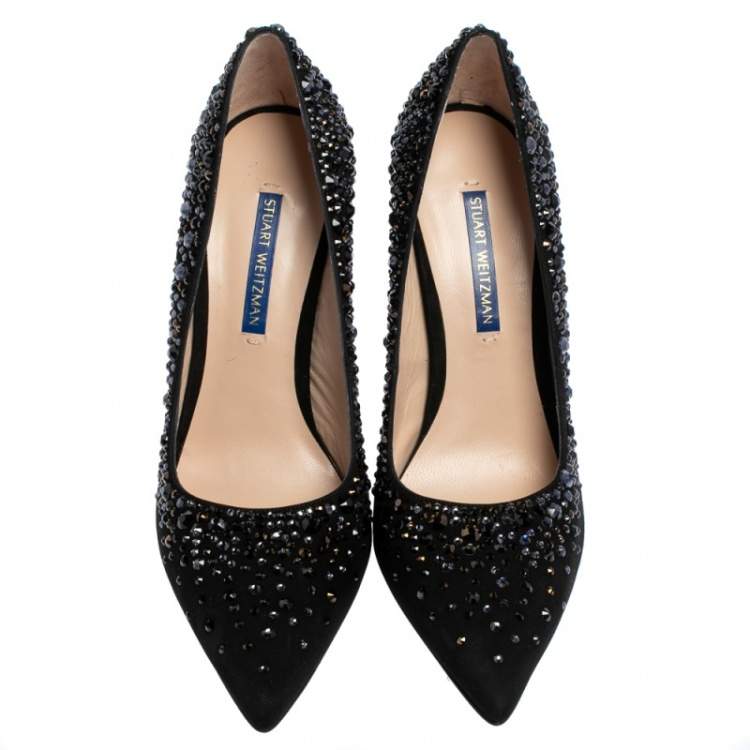 Pre Owned Stuart Weitzman Black Suede Crystal Embellished Lalaina Pumps Size 38
