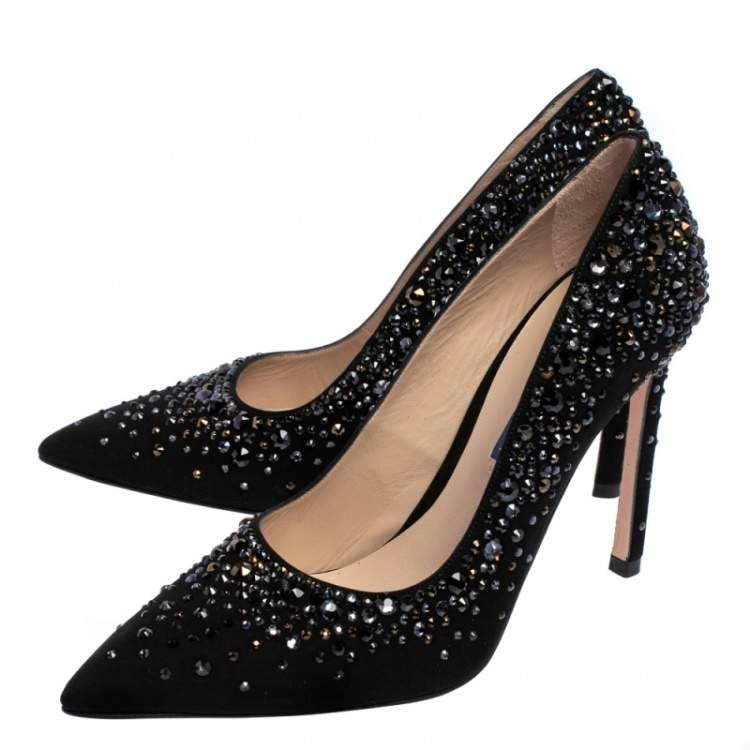Pre Owned Stuart Weitzman Black Suede Crystal Embellished Lalaina Pumps Size 38