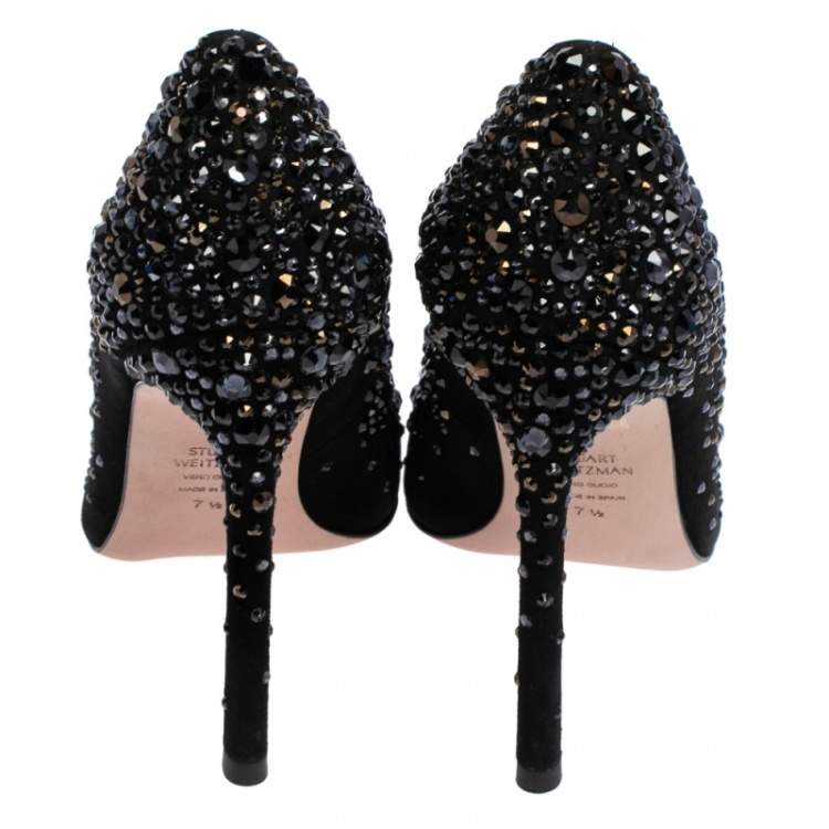 Pre Owned Stuart Weitzman Black Suede Crystal Embellished Lalaina Pumps Size 38