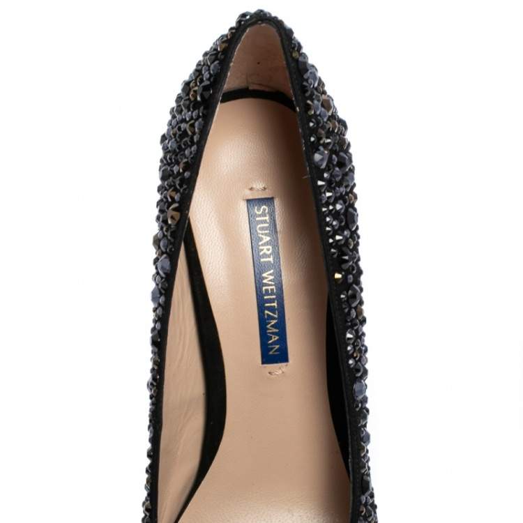 Pre Owned Stuart Weitzman Black Suede Crystal Embellished Lalaina Pumps Size 38