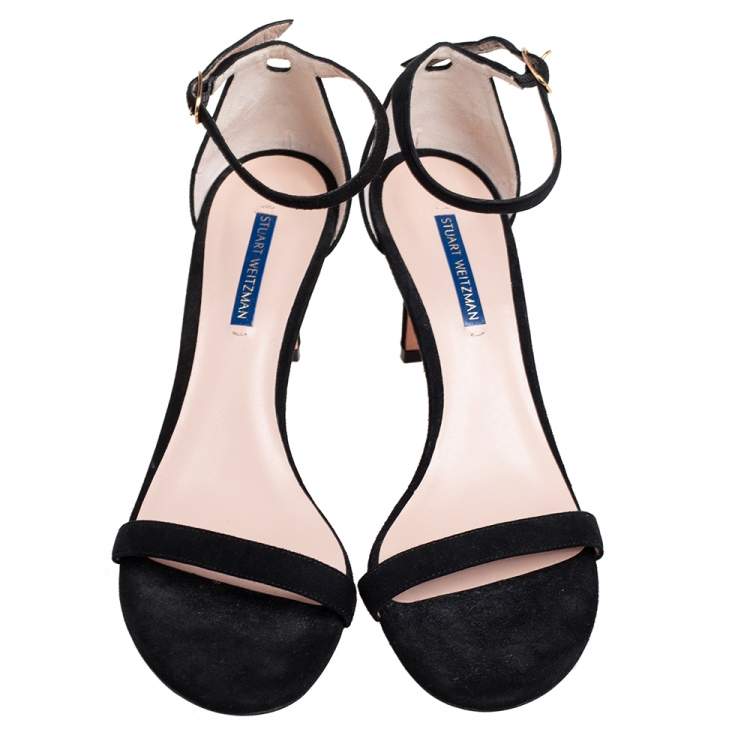 Pre Owned Stuart Weitzman Black Suede Nudist Open Toe Ankle Strap Sandals Size 41