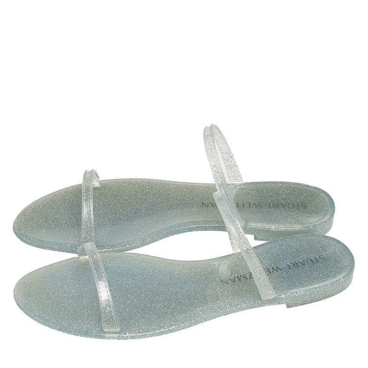 Pre Owned Stuart Weitzman Silver Glitter Jelly Flat Slide Sandals Size 41