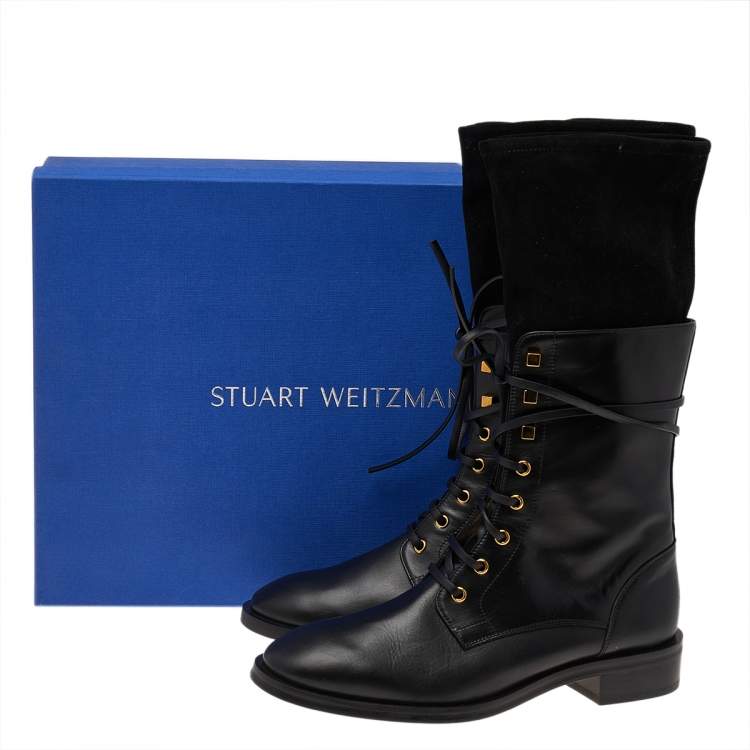 Pre Owned Stuart Weitzman Black Suede And Leather Mid Calf Length Boots Size 40