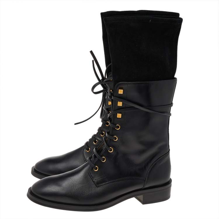 Pre Owned Stuart Weitzman Black Suede And Leather Mid Calf Length Boots Size 40