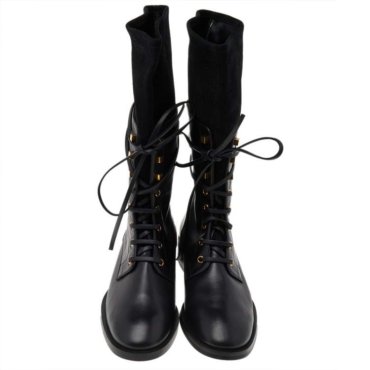 Pre Owned Stuart Weitzman Black Suede And Leather Mid Calf Length Boots Size 40