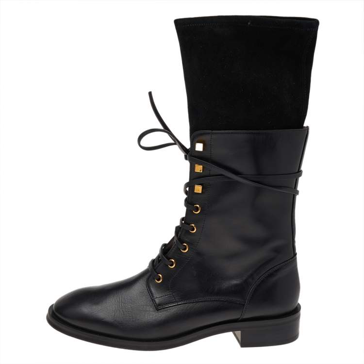 Pre Owned Stuart Weitzman Black Suede And Leather Mid Calf Length Boots Size 40
