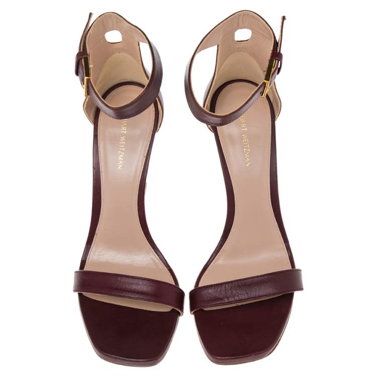Pre Owned Stuart Weitzman Burgundy Leather Nudist  Sandals Size 38
