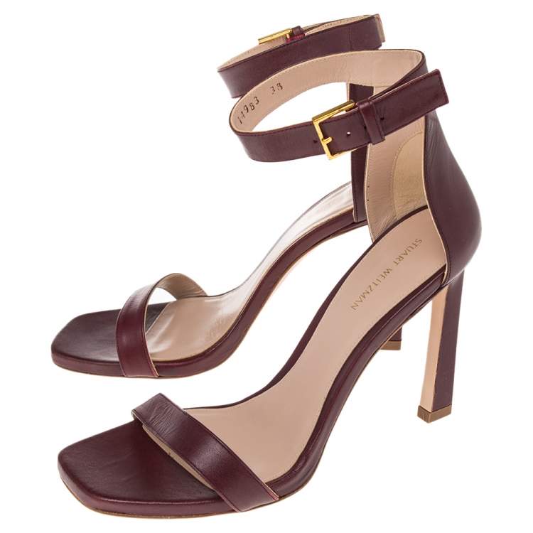Pre Owned Stuart Weitzman Burgundy Leather Nudist  Sandals Size 38