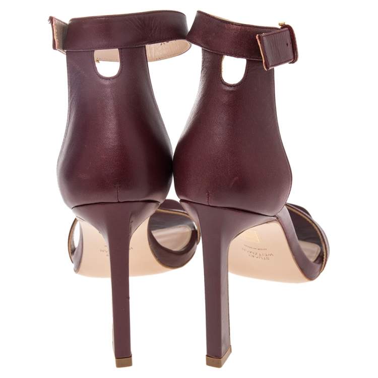 Pre Owned Stuart Weitzman Burgundy Leather Nudist  Sandals Size 38