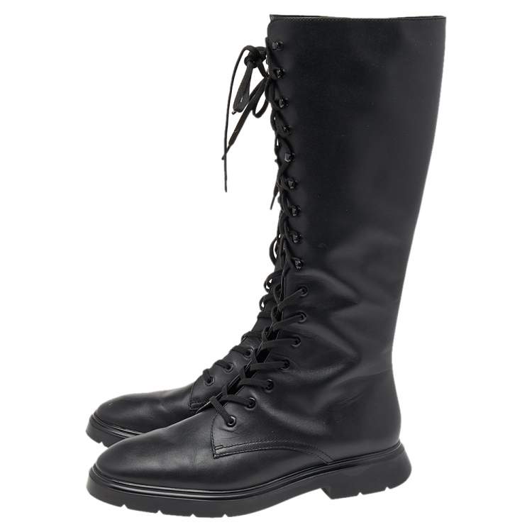 Pre Owned Stuart Weitzman Black Leather Knee Length Lace Up Boots Size 40