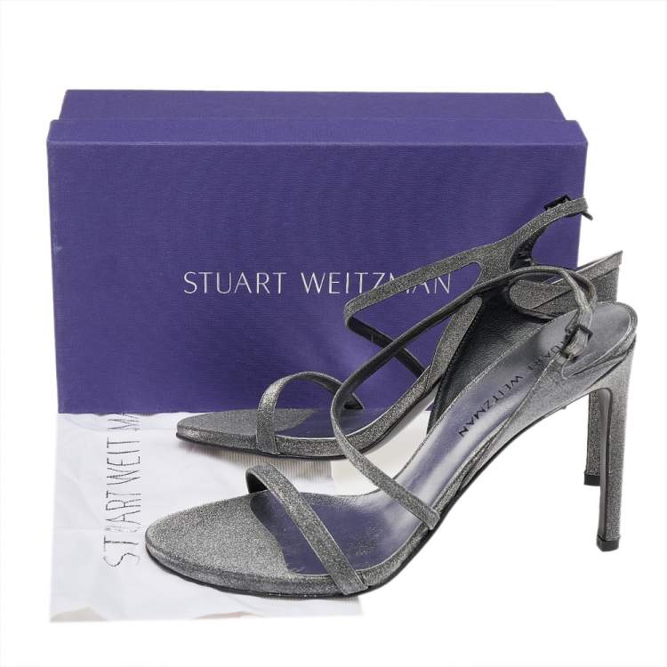 Pre Owned Stuart Weitzman Metallic Grey Glitter Ankle Strap Sandals Size 41