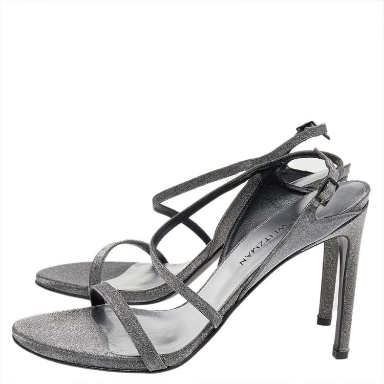 Pre Owned Stuart Weitzman Metallic Grey Glitter Ankle Strap Sandals Size 41