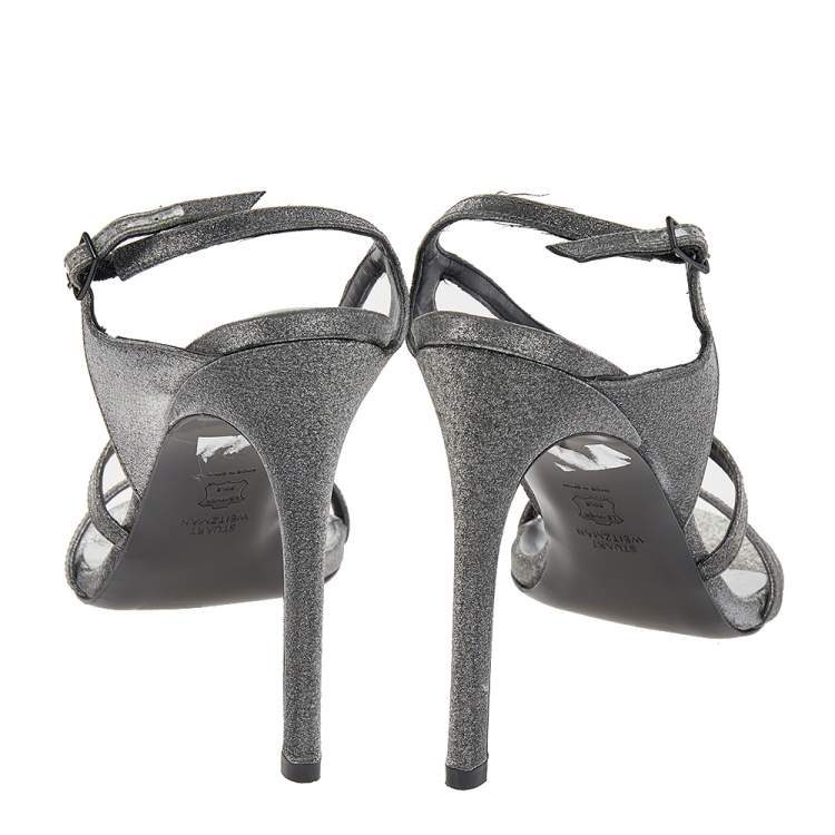 Pre Owned Stuart Weitzman Metallic Grey Glitter Ankle Strap Sandals Size 41