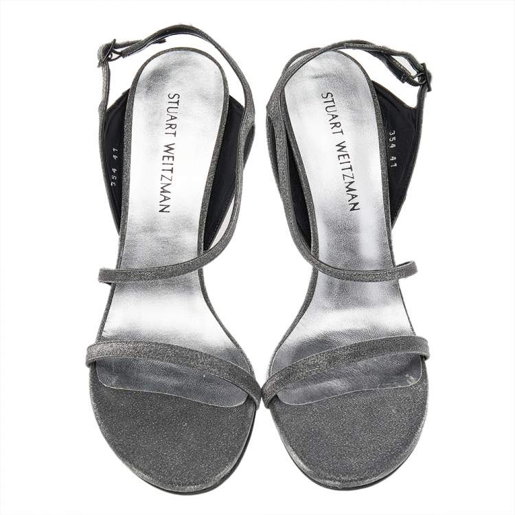 Pre Owned Stuart Weitzman Metallic Grey Glitter Ankle Strap Sandals Size 41