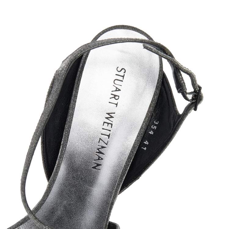 Pre Owned Stuart Weitzman Metallic Grey Glitter Ankle Strap Sandals Size 41