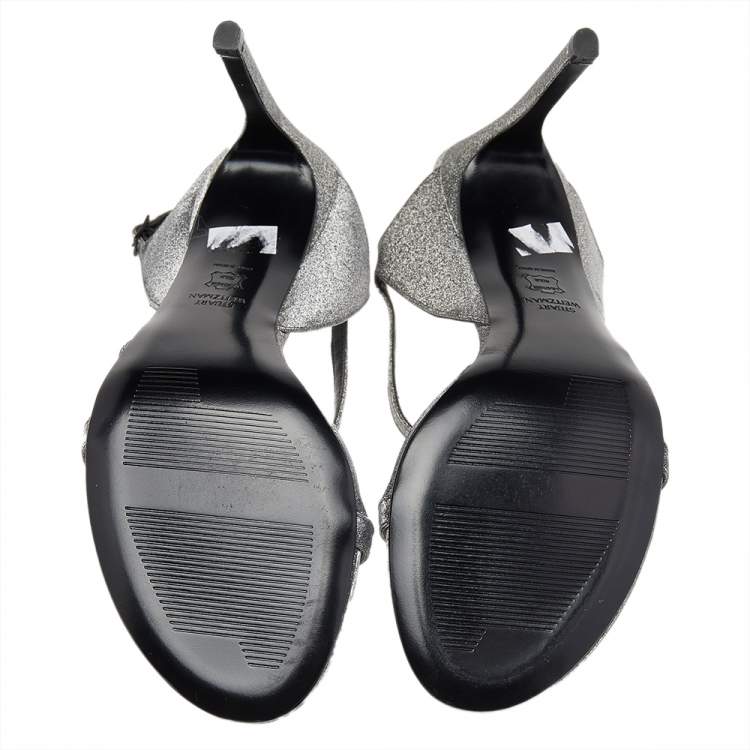 Pre Owned Stuart Weitzman Metallic Grey Glitter Ankle Strap Sandals Size 41