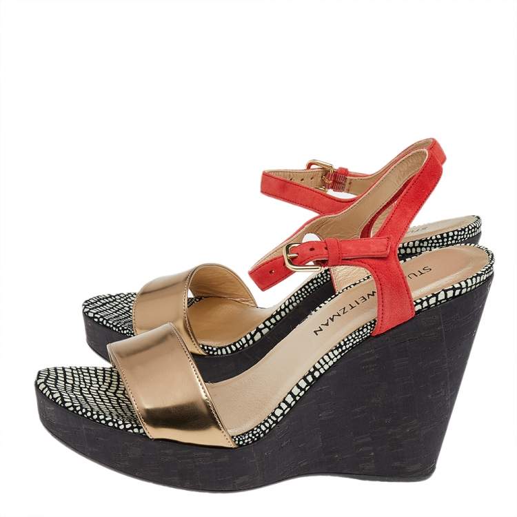 مملوكة مسبقًا Stuart Weitzman Gold/Orange Leather Cork Wedge Platform Ankle Strap Sandals Size 40