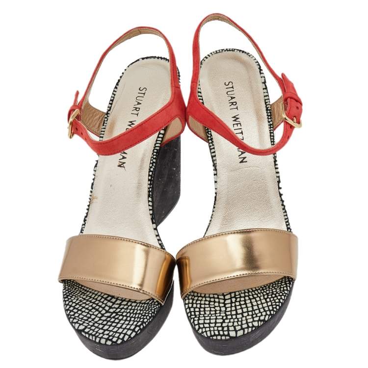 مملوكة مسبقًا Stuart Weitzman Gold/Orange Leather Cork Wedge Platform Ankle Strap Sandals Size 40