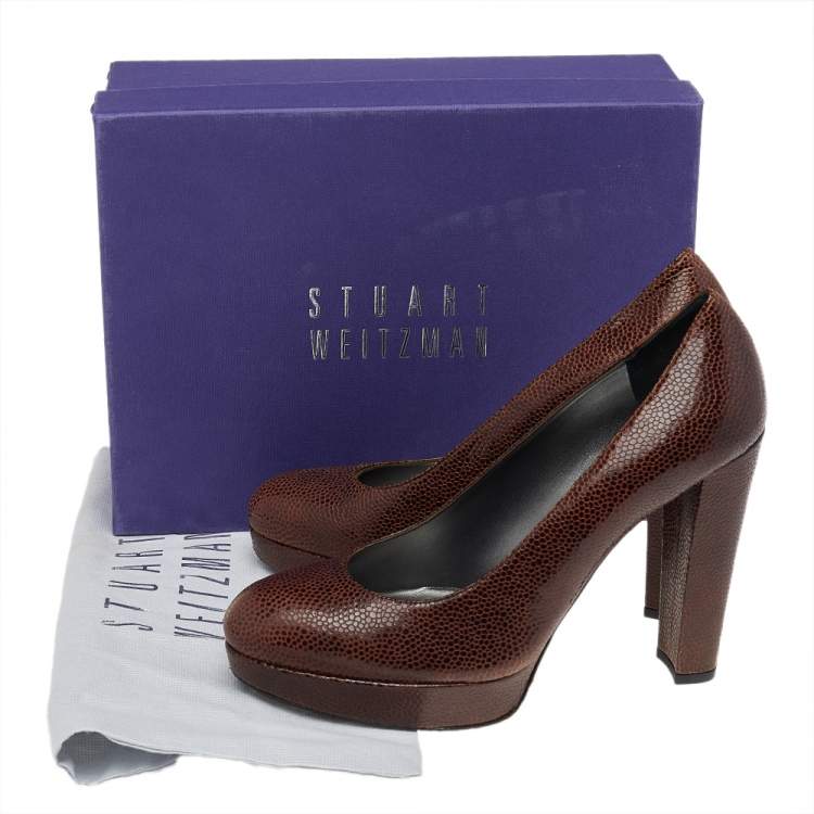 Pre Owned Stuart Weitzman Brown Embossed Leather Platform Pumps Size 41