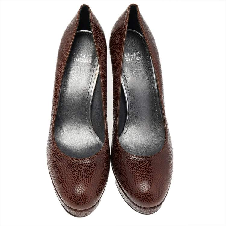 Pre Owned Stuart Weitzman Brown Embossed Leather Platform Pumps Size 41