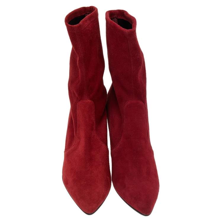 Pre Owned Stuart Weitzman Red Suede Ankle Length Boots Size 37.5