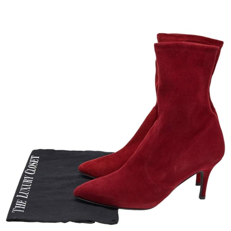 Pre Owned Stuart Weitzman Red Suede Ankle Length Boots Size 37.5