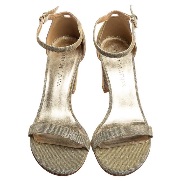 مملوكة مسبقًا Stuart Weitzman Grey/Silver Fabric Nudist  Ankle Strap Open Toe Sandals Size 39