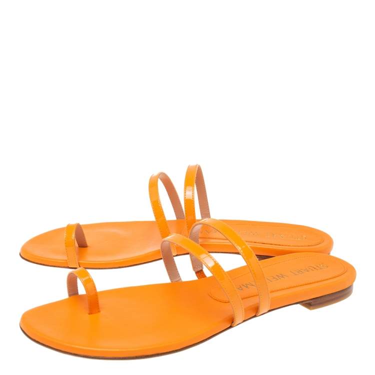 Pre Owned Stuart Weitzman Orange  Patent Ring Toe  Flat Sandals Size 39.5