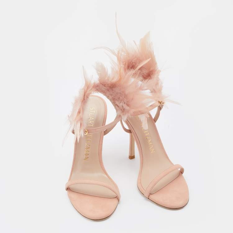Pre Owned Stuart Weitzman Pink Suede and Feather Ricki Ankle Strap Sandals Size 37.5