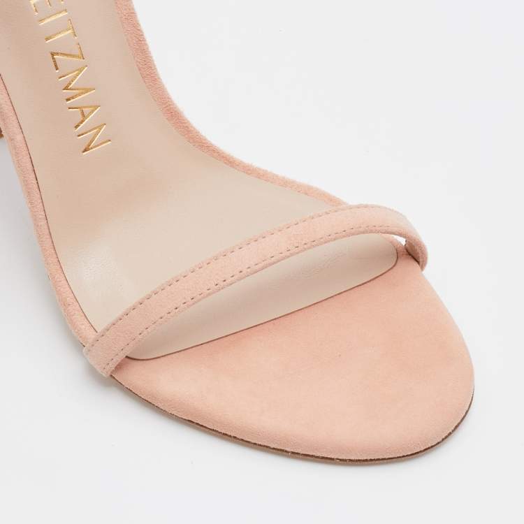 Pre Owned Stuart Weitzman Pink Suede and Feather Ricki Ankle Strap Sandals Size 37.5