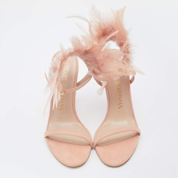 Pre Owned Stuart Weitzman Pink Suede and Feather Ricki Ankle Strap Sandals Size 37.5