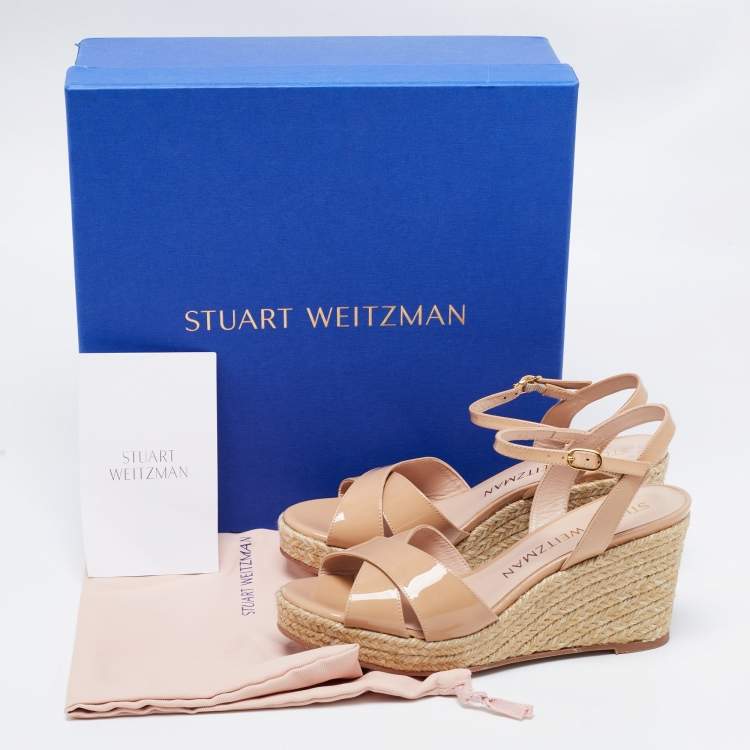 مملوكة مسبقًا Stuart Weitzman Beige Patent Leather Rosemarie Wedge Espadrille Sandals Size 38.5